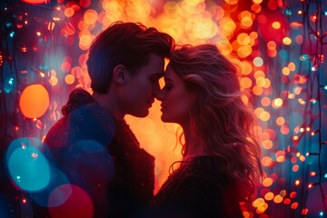 Silhouette of loving couple sharing an intimate moment surrounded by vibrant bokeh lights creating dreamy romantic atmosphere symbolizing timeless nature of their love