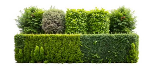 Mixed Green Hedge with Various Plants Isolated on Transparent Background with Clipping Path Cut-Out