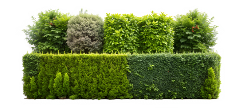 Mixed Green Hedge with Various Plants Isolated on Transparent Background with Clipping Path Cut-Out