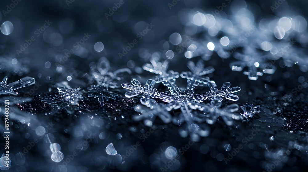 Sticker transparent crystals of snowflakes lying on a dark picture