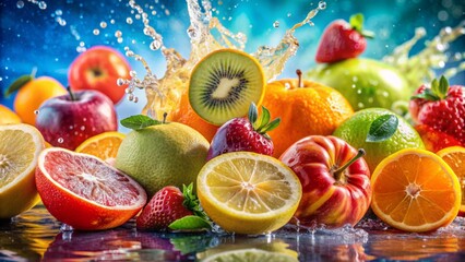 Vibrant assortment of freshly squeezed juicy fruits surrounded by splashing water droplets against...