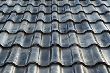 Black modern roof tiles with a wavy pattern reflecting light