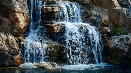 A pond with a waterfall cascading down rock picture