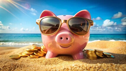 Stylish pink piggy bank with trendy sunglasses lounges on a sunny beach surrounded by gold coins and symbols of financial prosperity.