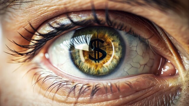Macro close-up of an eye with a dollar sign reflection, symbolizing financial focus and materialistic priorities.