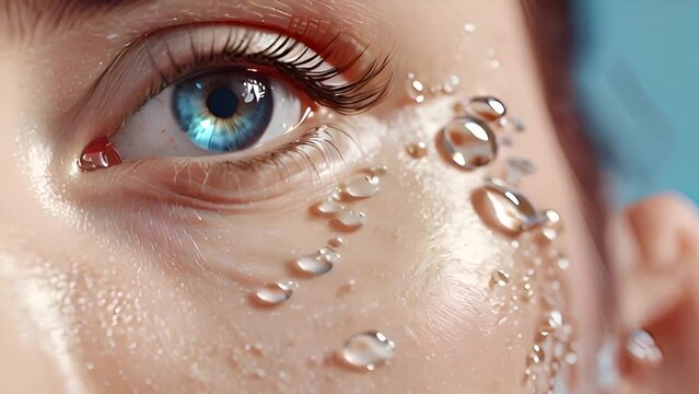 Collagen serum drop absorbing into facial skin around a blue eye. Ideal for beauty and skincare concepts