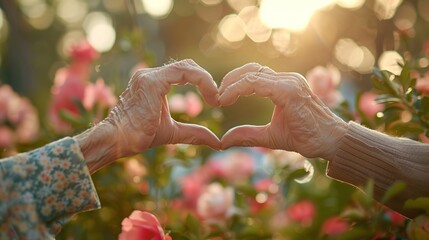 Elderly couple forming a heart shape with their hands in a garden with a soft focus background and copy space