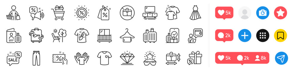 T-shirt design, No handbag and Balcony line icons pack. Social media icons. Clean towel, Best glasses, Baggage web icon. Clean t-shirt, Sale gift, Discount pictogram. Vector