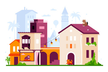 Cats on Turkish street - modern colored vector illustration with houses in the old town with a lot of pets. Favorite furry animals, vacation in Istanbul, summer travel. Panoramic view and architecture