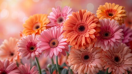 A Vibrant Bouquet of Peach and Pink Gerbera Daisies in Soft, Blurry Light. Generative AI