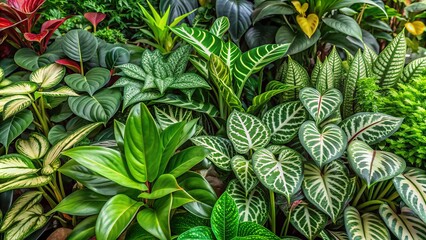 Obraz premium Lush display of varied houseplants with unique leaf shapes and vibrant green hues filling entire frame, evoking refreshing serenity.
