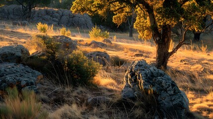 Highland rocks surrounded by sparse trees and shrubs img