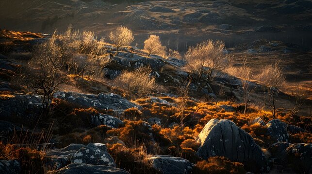 Highland rocks surrounded by sparse trees and shrubs picture