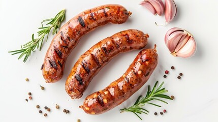 Roasted homemade wurst sausages with garlic and rosemary on white background top view