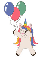 Cute flat Unicorn with air balloons isolated white background. Funny magical animal. Pastel colors vector illustration ideal for birthday greeting card, t-shirt print