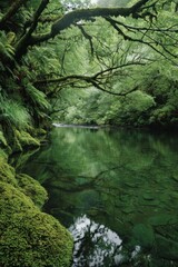 A calm riverbank with lush moss and wild ferns growing along the edge. Clear, reflective water with overhanging branches.