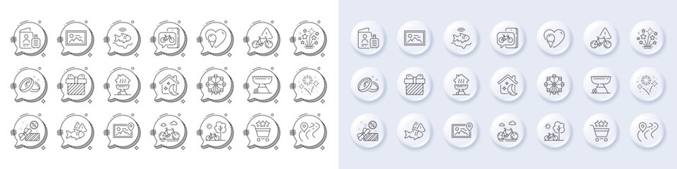Bike attention, Sleep and Surprise line icons. White pin 3d buttons, chat bubbles icons. Pack of Road, Fireworks stars, Fishfinder icon. Fireworks, Bicycle, Home grill pictogram. Vector