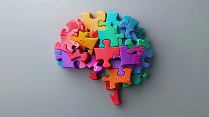A Colorful Puzzle Piece shaped like the human brain. Against an Isolated Grey Background. - Symbolizing mental health and awareness. 