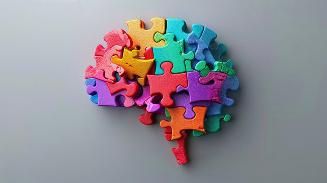 A Colorful Puzzle Piece shaped like the human brain. Against an Isolated Grey Background. - Symbolizing mental health and awareness.