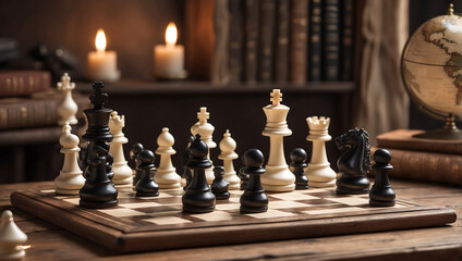 International chess day, a chessboard with various white and black chess pieces mid game, placed on an antique wooden table with background is slightly blurred