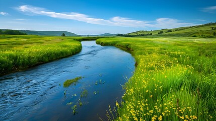 A quiet river meandering among green meadows