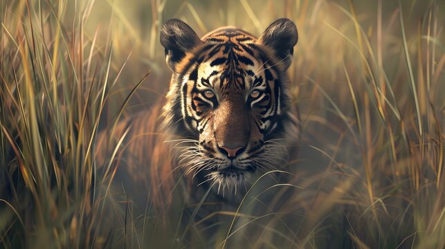 A tiger hiding in the tall jungle grass img