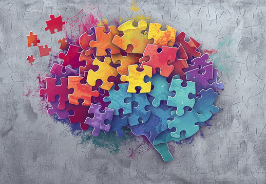 A Colorful Puzzle Piece shaped like the human brain. Against an Isolated Grey Background. - Symbolizing mental health and awareness.  - Powered by Adobe