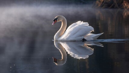 A swan swimming in a lake with fog and mist, AI