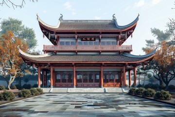 Obraz premium Traditional chinese temple with curved roof standing on stone tiled ground in a peaceful natural environment