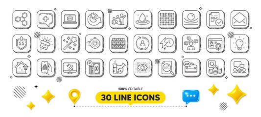 Compliance, Light bulb and Charging time line icons pack. 3d design elements. Inspect, User info, Elastic material web icon. Share idea, Leadership, Magic wand pictogram. Vector