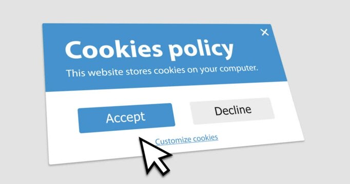 Clicking on Accept Cookies button, website pop up window notifying that site uses cookie, consent banner, personal data protection message, footage