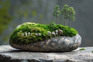 Fototapeta premium A close-up of a small pebble covered in moss, appearing as a miniature landscape with trees on it