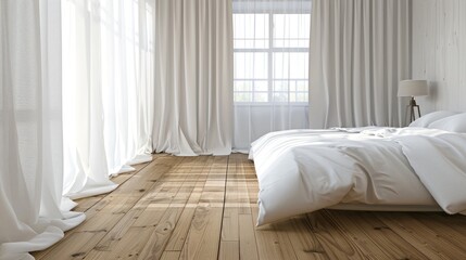 Luxury bedroom with wooden laminate floor white curtains and copy space
