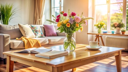 Cozy living room with a wooden table, scattered documents, and a vase with fresh flowers, conveying a sense of domestic bliss.