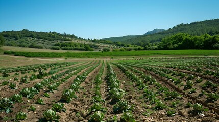Obraz premium Fields of artichokes and green bushes are neatly picture