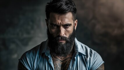 Fototapeta premium A man with a beard and tattoos on his chest, AI