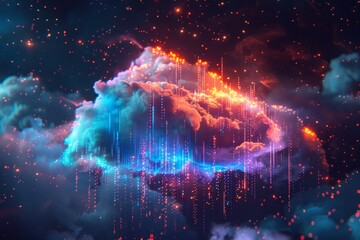 A cloud made up of data streams and digital symbols, floating in space with a glowing, colorful aura. Cloud computing concept
