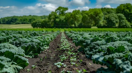Fields of broccoli and green bushes are carefully img