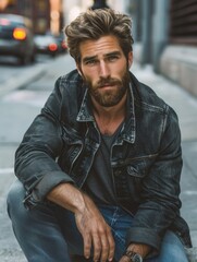 Obraz premium Male Fashion Model. Stylishly dressed adult man with beard sitting on city street