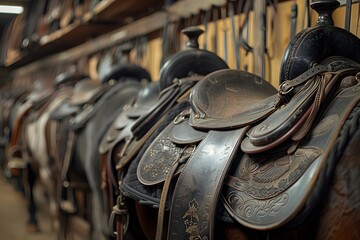Row of Ornate Leather Saddles in a Stable