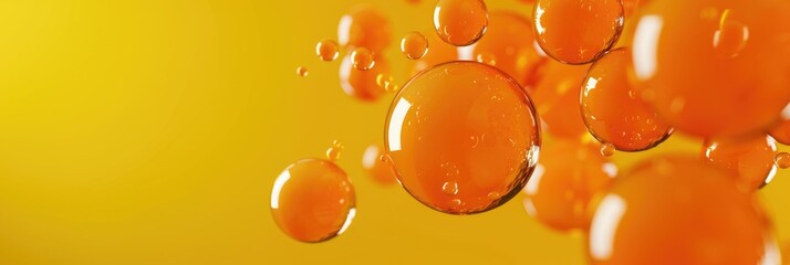 Abstract 3D background with flying orange balls, shiny balls are varnished, orange background, space for text