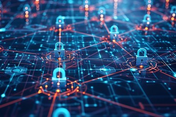 Obraz premium A visual representation of a secure network with interconnected nodes and locks, symbolizing protected data transfer