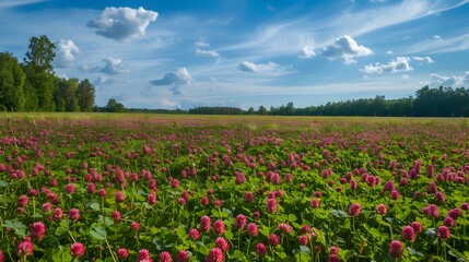 Obraz premium Fields of red clover whose bright flowers cover picture