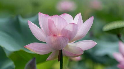 Close-up of a delicate pink lotus flower in bloom with green leaves in the background.