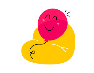 Vector cartoon illustration of cute round shape happy character sit on chair on white color background. Flat style child doodle design of relax smile air balloon monster