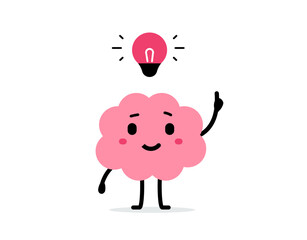 Vector cartoon illustration of cute happy brain character with light bulb and hand point up on white color background. Flat doodle style design of smile brain think creative idea