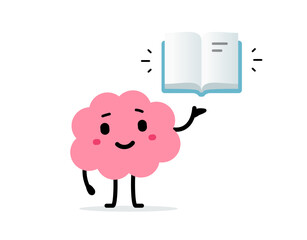 Vector cartoon education illustration of cute happy brain character read book on white color background. Flat doodle style design of smile brain with open book in hand