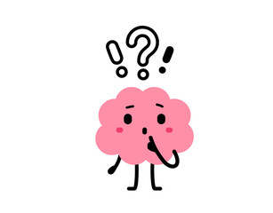 Vector cartoon illustration of cute happy brain character with question mark on white color background. Flat doodle style design of doubt brain think