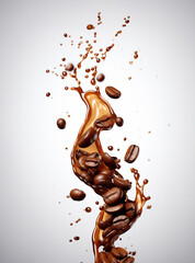 Coffee beans with espresso splash up on white background, Close up of coffee bean, GenerativeAI, coffee drop