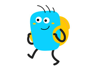 Vector cartoon illustration of cute abstract shape happy character with backpack walk on white color background. Flat style child doodle design of smile geometric monster. Kid character walk